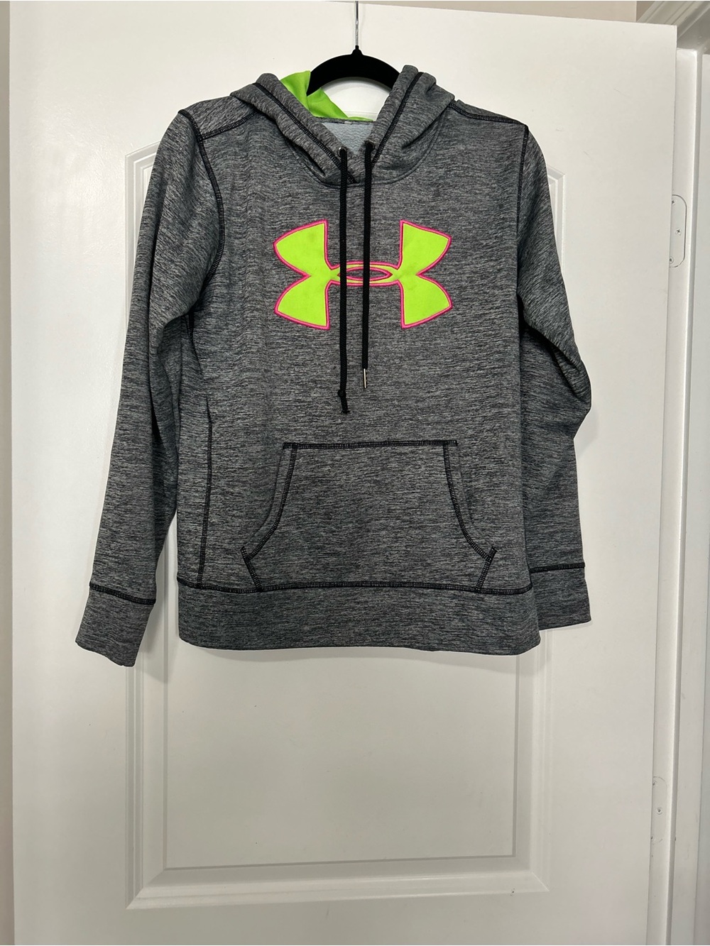 Under Armour Gray Pullover Hoodie with Neon Yellow and Pink Logo